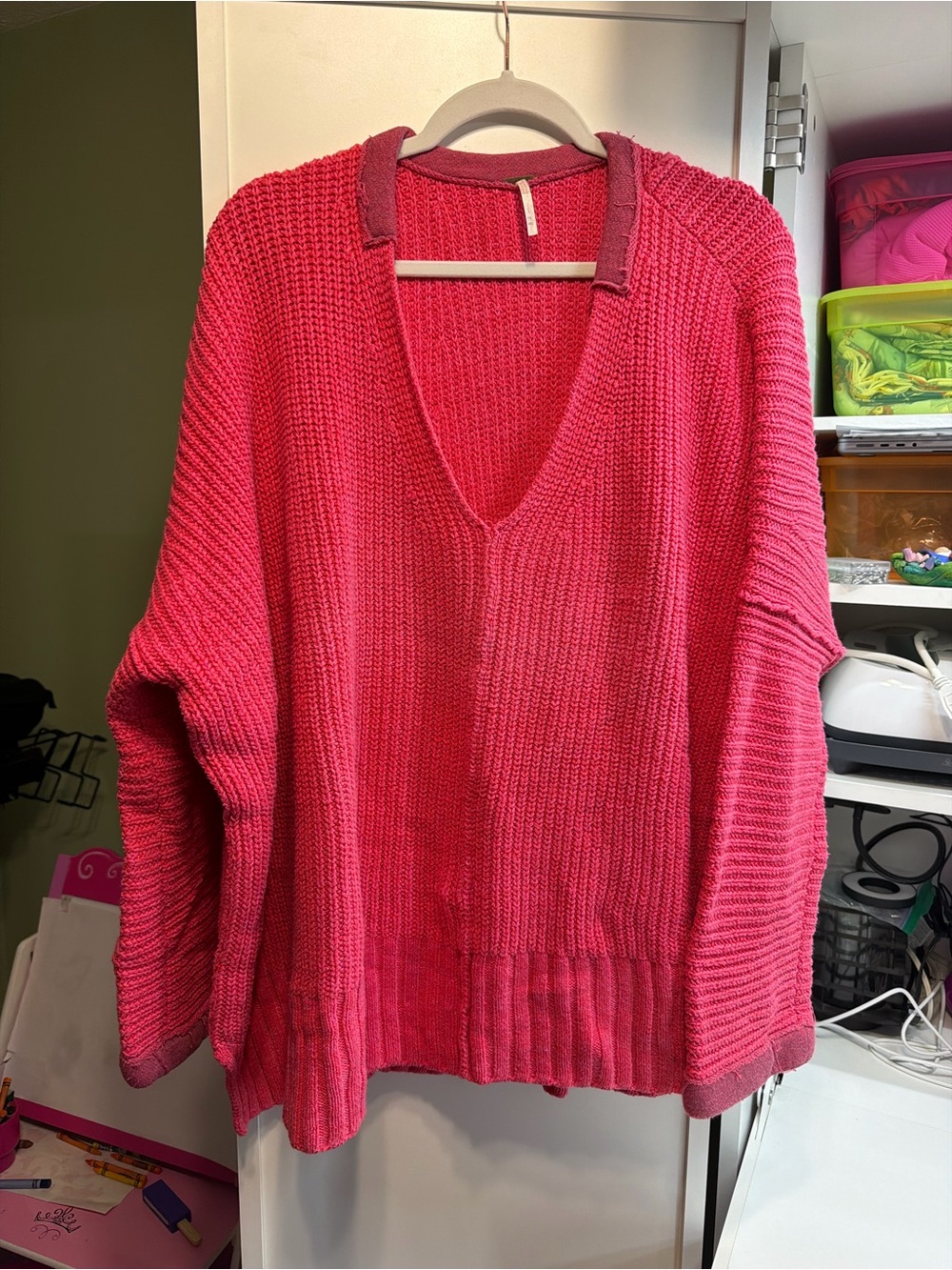 Free People Oversized V-Neck Sweater in Hot Pink